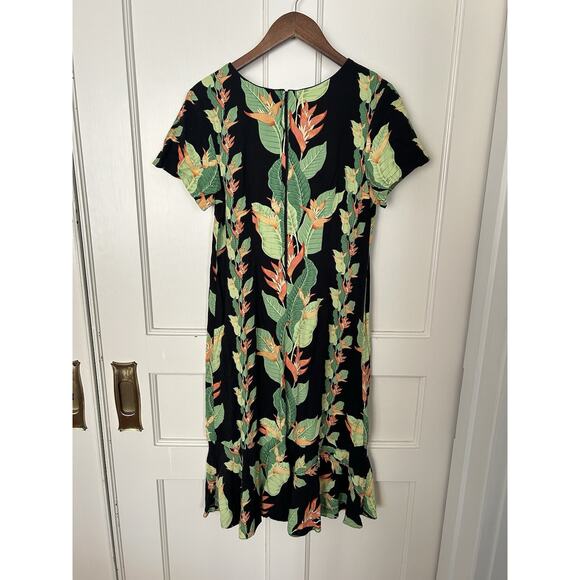 Vintage Hilo Hattie Floral Tropical Midi Dress Womens Size Medium Black Vacation - Picture 2 of 5